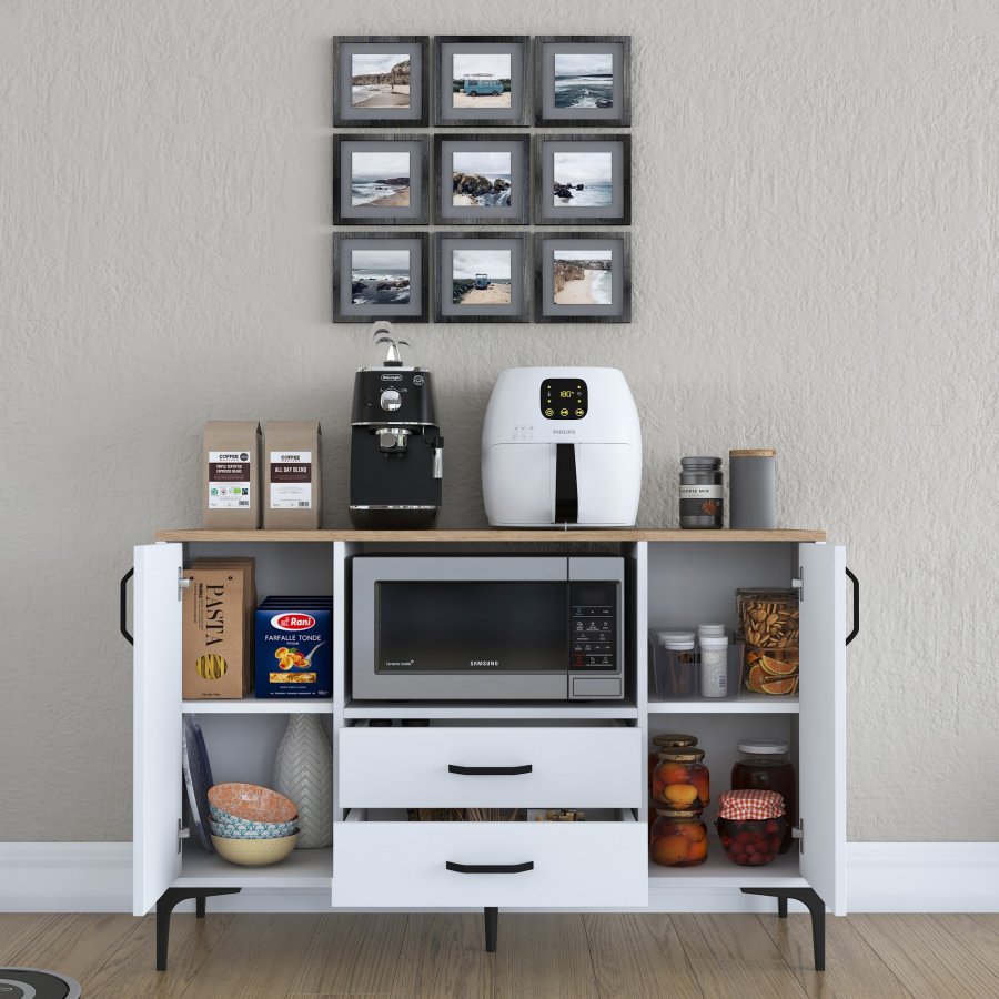 FUNZI LIVING JE174 kjkkenskap, med 2 drer, 2 hyller, 1 rom, 2 skuffer - natur og hvit melamin