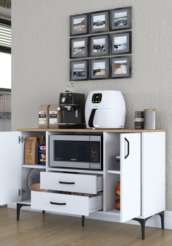 FUNZI LIVING JE174 kjkkenskap, med 2 drer, 2 hyller, 1 rom, 2 skuffer - natur og hvit melamin