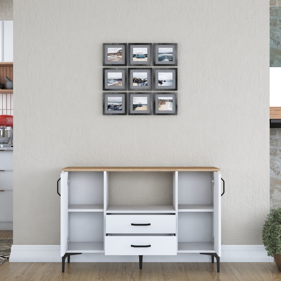 FUNZI LIVING JE174 kjkkenskap, med 2 drer, 2 hyller, 1 rom, 2 skuffer - natur og hvit melamin