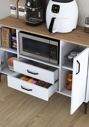 FUNZI LIVING JE174 kjkkenskap, med 2 drer, 2 hyller, 1 rom, 2 skuffer - natur og hvit melamin