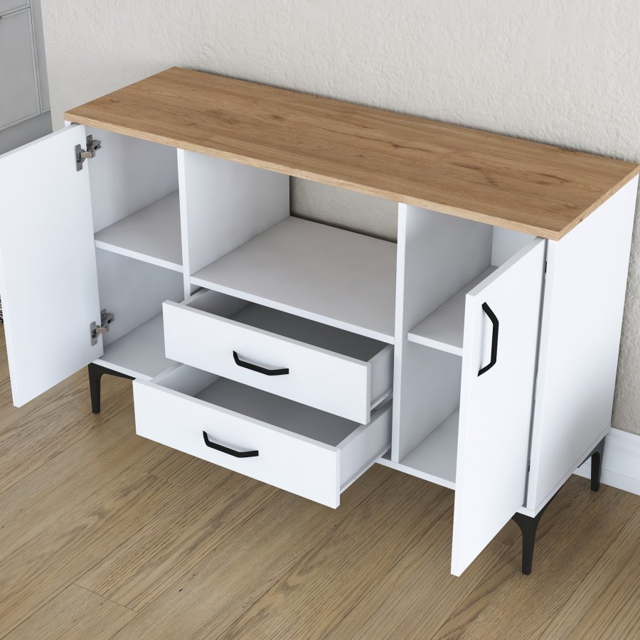 FUNZI LIVING JE174 kjkkenskap, med 2 drer, 2 hyller, 1 rom, 2 skuffer - natur og hvit melamin