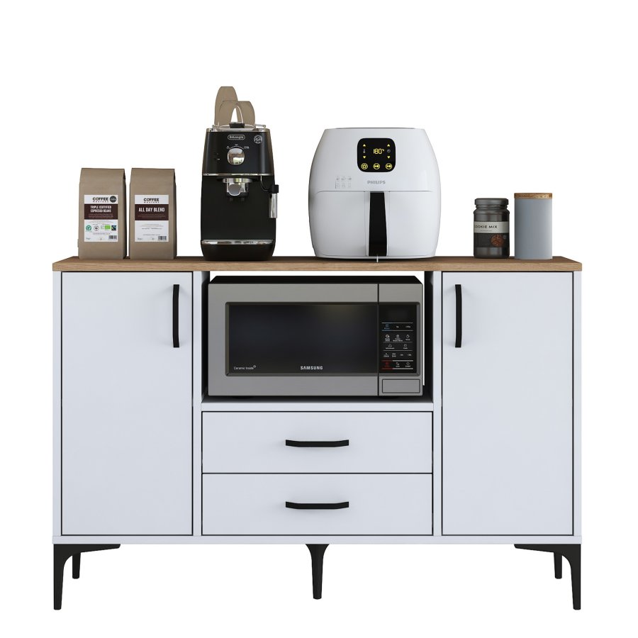 FUNZI LIVING JE174 kjkkenskap, med 2 drer, 2 hyller, 1 rom, 2 skuffer - natur og hvit melamin