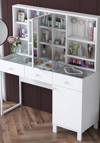 NORDVÄRK BJ138 3442 makeup bord, m. spejl, 8 hylder, 2 lger og 3 skuffer - hvid melamin (120x40)