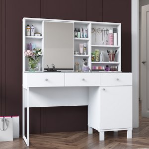 NORDVÄRK BJ138 3442 makeup bord, m. spejl, 8 hylder, 2 lger og 3 skuffer - hvid melamin (120x40)