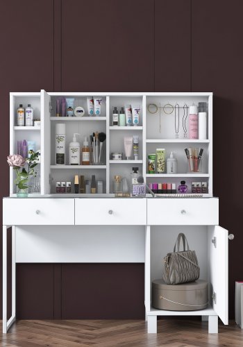 NORDVÄRK BJ138 3442 makeup bord, m. spejl, 8 hylder, 2 lger og 3 skuffer - hvid melamin (120x40)