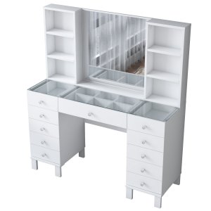 NORDVÄRK BJ136 3846 makeup bord, m. spejl, 4 hylder og 11 skuffer - hvid melamin (120x40)