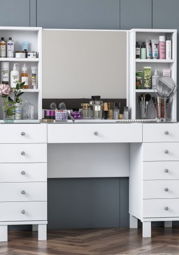 NORDVÄRK BJ136 3846 makeup bord, m. spejl, 4 hylder og 11 skuffer - hvid melamin (120x40)