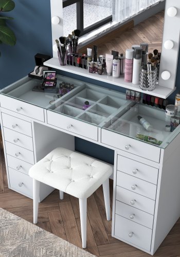 NORDVÄRK BJ156 3872 makeup bord, m. spejl, lys, 13 skuffer og skammel - hvid melamin (120x44,5)