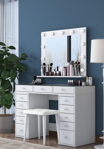 NORDVÄRK BJ156 3872 makeup bord, m. spejl, lys, 13 skuffer og skammel - hvid melamin (120x44,5)