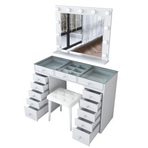NORDVÄRK BJ156 3872 makeup bord, m. spejl, lys, 13 skuffer og skammel - hvid melamin (120x44,5)