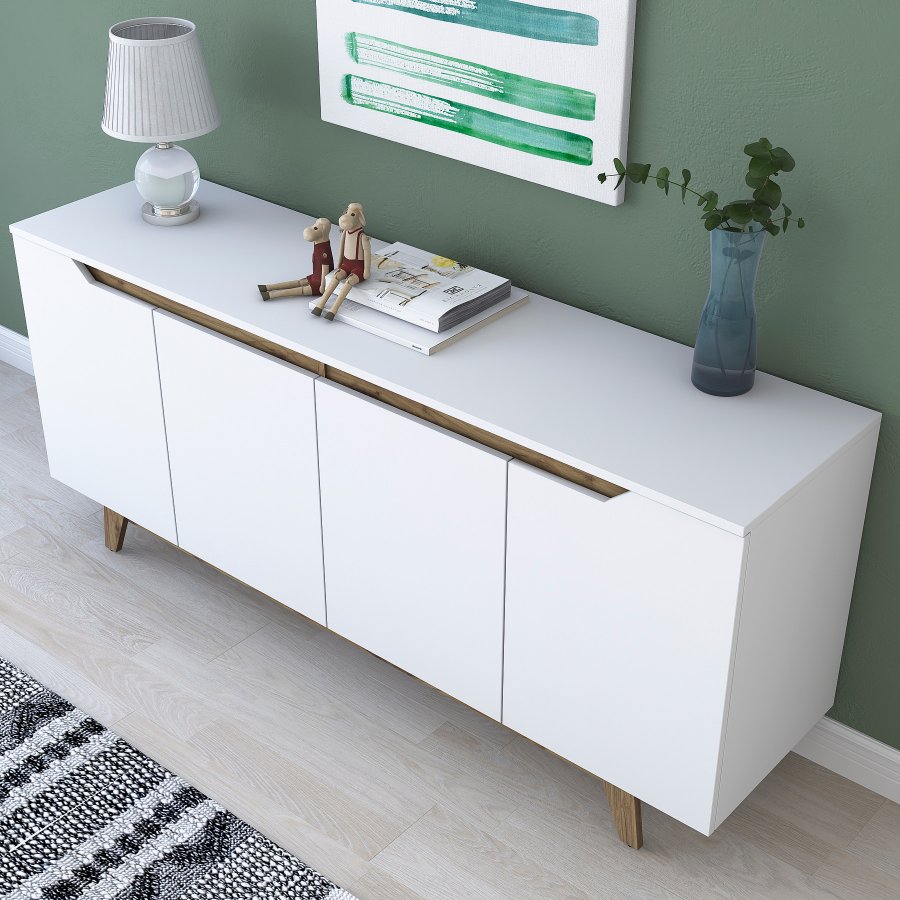 FUNZI LIVING GD102 Sideboard, m. 4 Türen und 2 Regale - weißes und walnussfarbenes Melamin