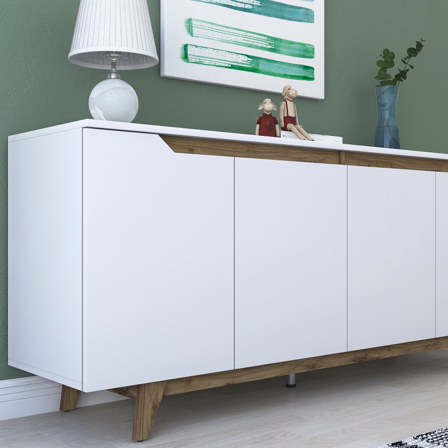 FUNZI LIVING GD102 Sideboard, m. 4 Türen und 2 Regale - weißes und walnussfarbenes Melamin
