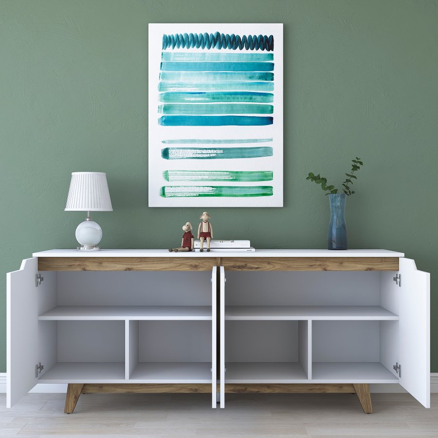 FUNZI LIVING GD102 Sideboard, m. 4 Türen und 2 Regale - weißes und walnussfarbenes Melamin