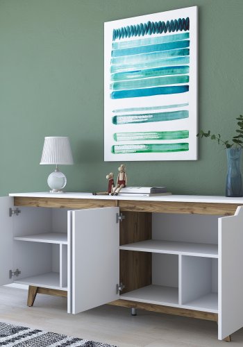 FUNZI LIVING GD102 Sideboard, m. 4 Türen und 2 Regale - weißes und walnussfarbenes Melamin