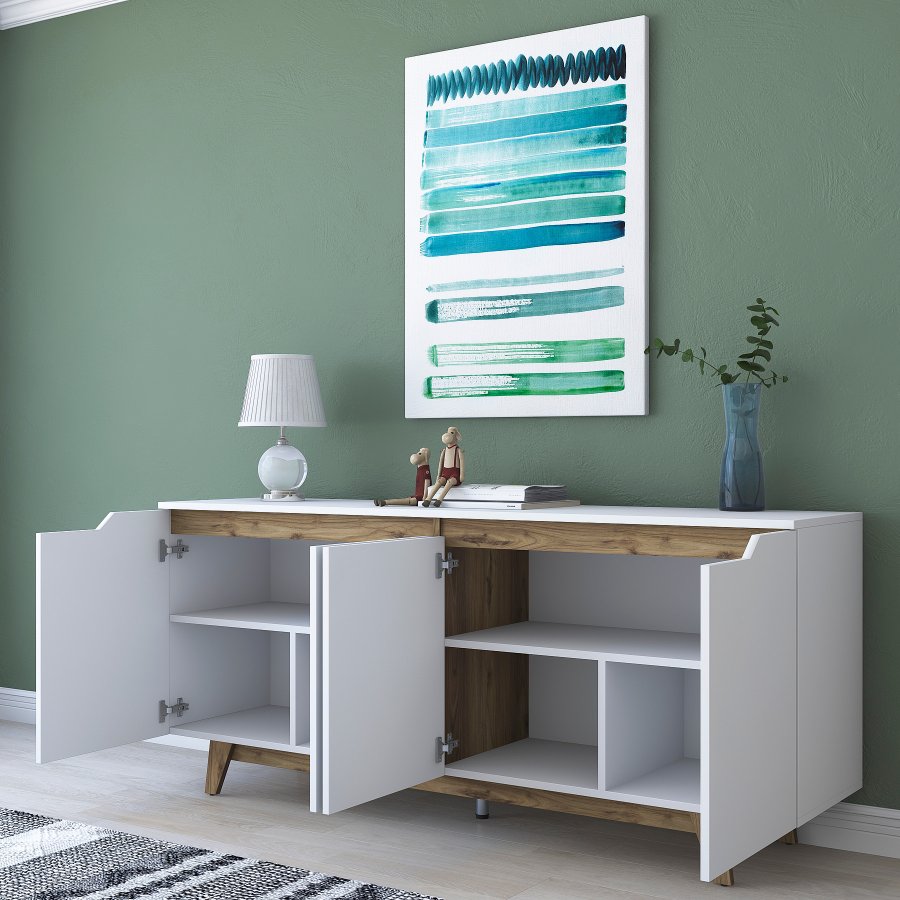 FUNZI LIVING GD102 Sideboard, m. 4 Türen und 2 Regale - weißes und walnussfarbenes Melamin