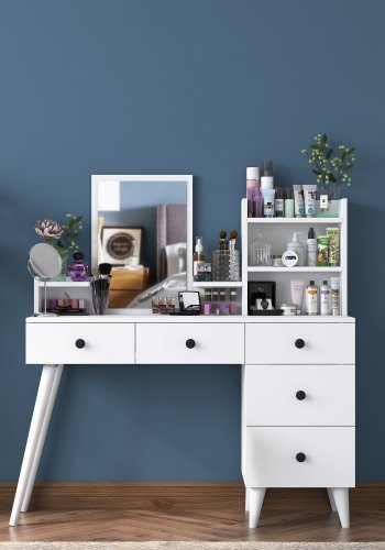 NORDVÄRK Bj101 2293 makeup bord, m. spejl, 4 hylder og 5 skuffer - hvid melamin (125x40)