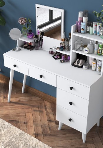 NORDVÄRK Bj101 2293 makeup bord, m. spejl, 4 hylder og 5 skuffer - hvid melamin (125x40)