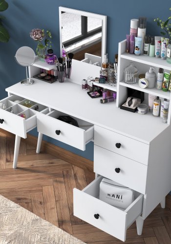 NORDVÄRK Bj101 2293 makeup bord, m. spejl, 4 hylder og 5 skuffer - hvid melamin (125x40)