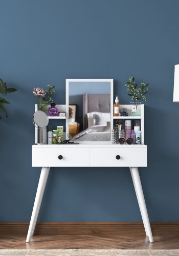 NORDVÄRK BJ102 2232 makeup bord, m. spejl, 2 hylder og 2 skuffer - hvid melamin (103x40)