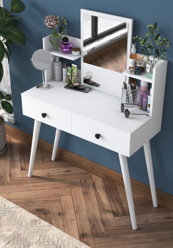 NORDVÄRK BJ102 2232 makeup bord, m. spejl, 2 hylder og 2 skuffer - hvid melamin (103x40)