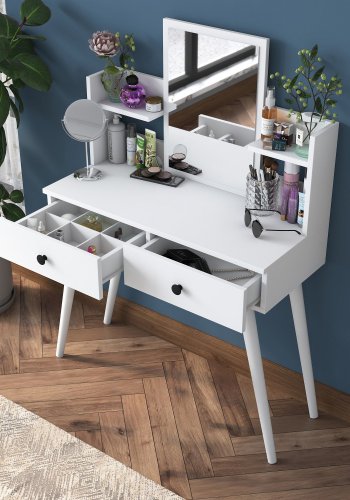 NORDVÄRK BJ102 2232 makeup bord, m. spejl, 2 hylder og 2 skuffer - hvid melamin (103x40)