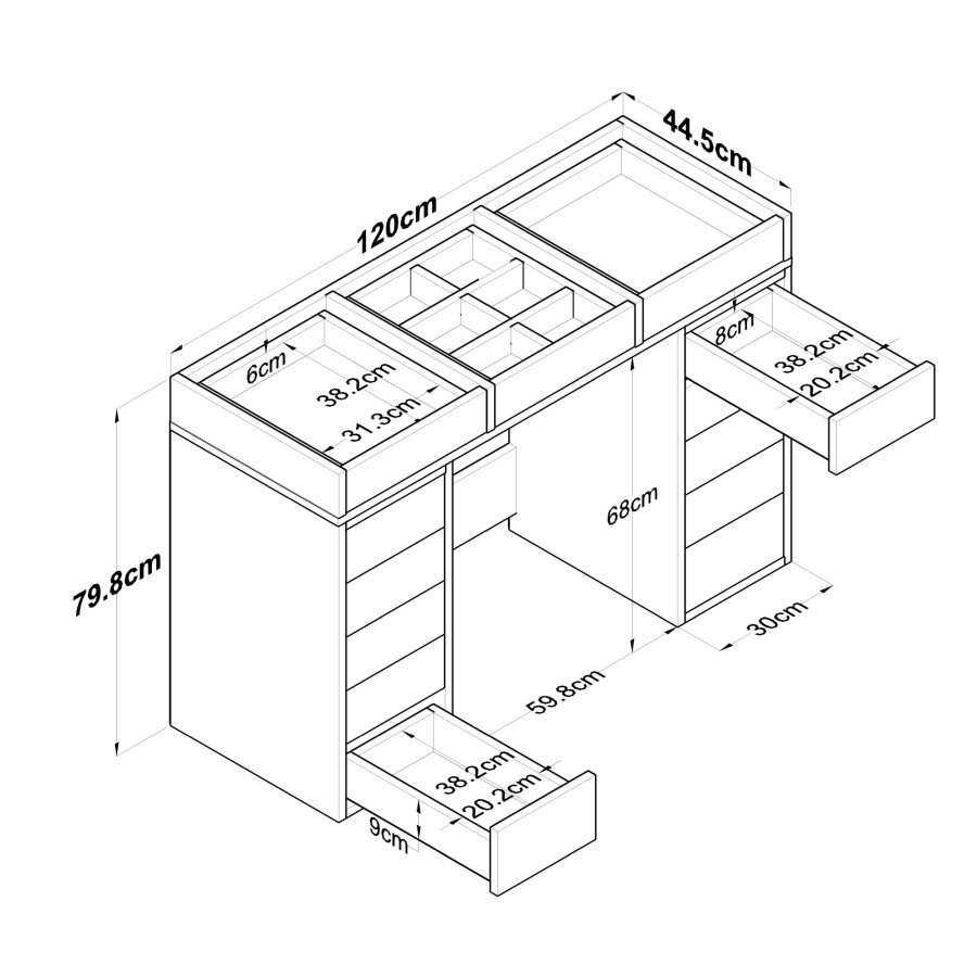 NORDVRK BJ105 sminkbord, w. 13 ldor - vit melamin (120x44,5)