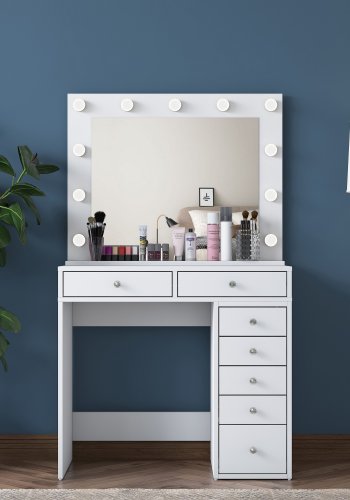 NORDVÄRK BJ115 2781 makeup bord, m. spejl, 11 lysprer og 7 skuffer - hvid melamin (90x44,5)