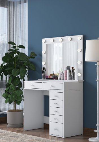 NORDVÄRK BJ115 2781 makeup bord, m. spejl, 11 lysprer og 7 skuffer - hvid melamin (90x44,5)