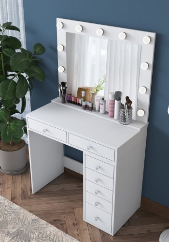 NORDVÄRK BJ115 2781 makeup bord, m. spejl, 11 lysprer og 7 skuffer - hvid melamin (90x44,5)