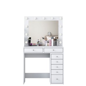 NORDVÄRK BJ115 2781 makeup bord, m. spejl, 11 lysprer og 7 skuffer - hvid melamin (90x44,5)