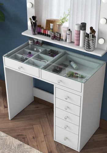 NORDVRK BJ117 sminkebord, m. speil, lys, 7 skuffer - hvit melamin (90x44,5)