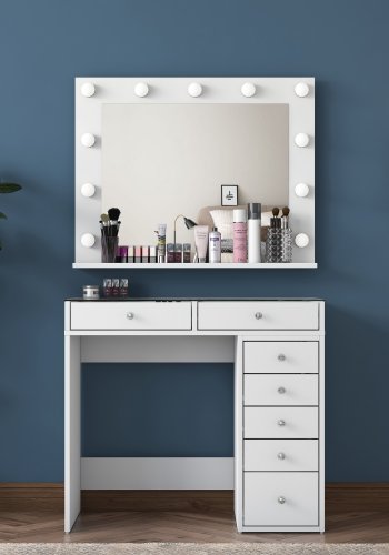 NORDVRK BJ117 sminkebord, m. speil, lys, 7 skuffer - hvit melamin (90x44,5)