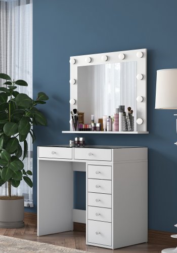 NORDVRK BJ117 sminkebord, m. speil, lys, 7 skuffer - hvit melamin (90x44,5)