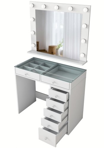 NORDVRK BJ117 sminkebord, m. speil, lys, 7 skuffer - hvit melamin (90x44,5)