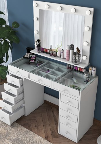 NORDVRK BJ118 sminkebord, med speil, lys, 13 skuffer - hvit melamin (120x44,5)