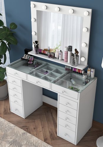 NORDVRK BJ118 sminkebord, med speil, lys, 13 skuffer - hvit melamin (120x44,5)