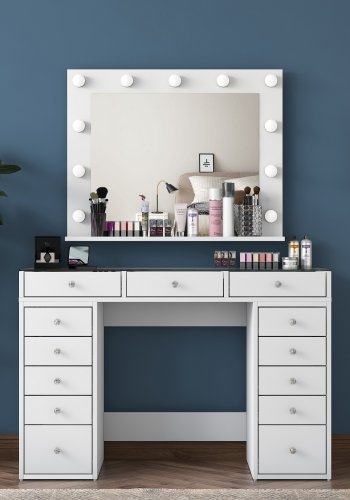 NORDVRK BJ118 sminkebord, med speil, lys, 13 skuffer - hvit melamin (120x44,5)