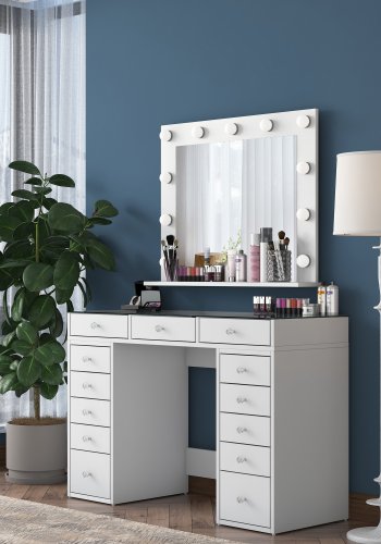 NORDVRK BJ118 sminkebord, med speil, lys, 13 skuffer - hvit melamin (120x44,5)