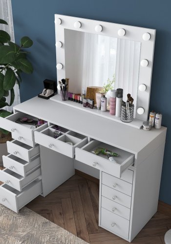 NORDVRK BJ119 sminkebord, med speil, lys, 13 skuffer - hvit melamin (120x44,5)