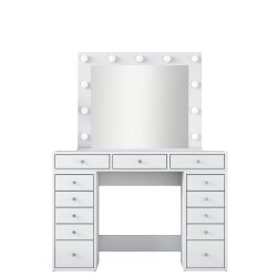 NORDVÄRK BJ119 makeup bord, m. spejl, lys, 13 skuffer - hvid melamin (120x44,5)