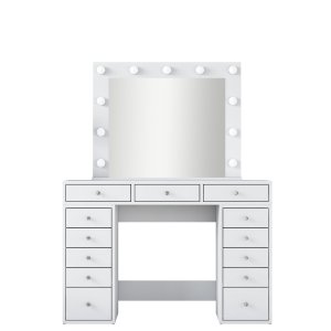 NORDVÄRK BJ119 makeup bord, m. spejl, lys, 13 skuffer - hvid melamin (120x44,5)