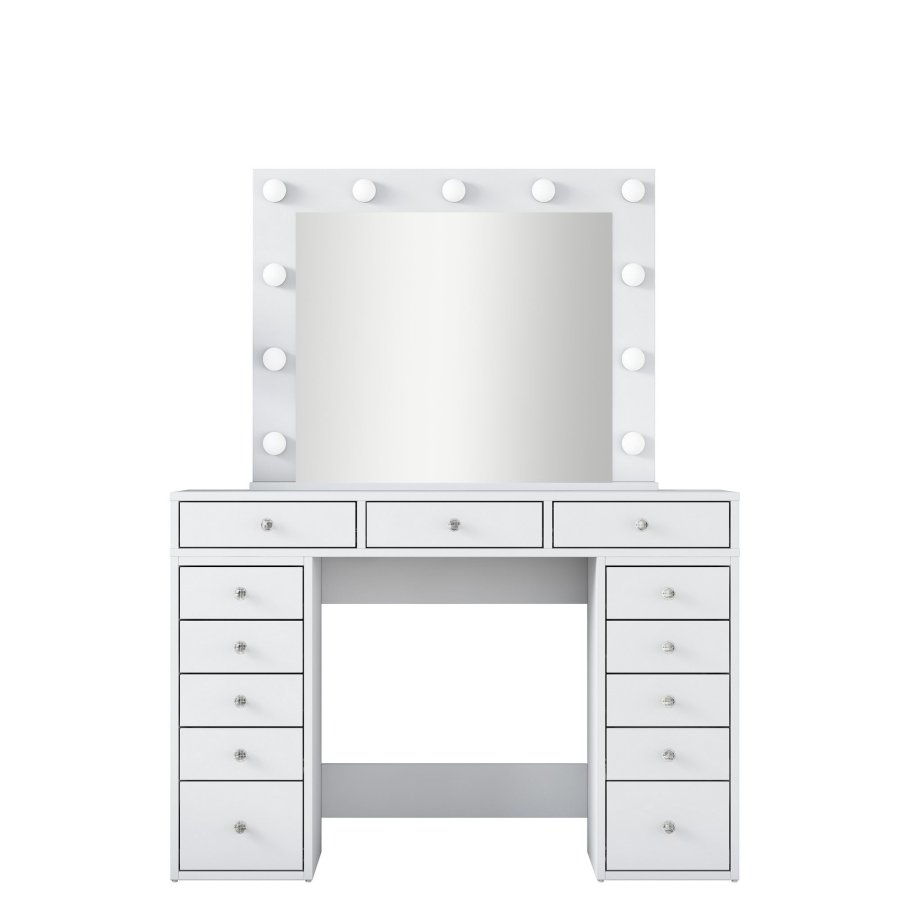 NORDVRK BJ119 sminkebord, med speil, lys, 13 skuffer - hvit melamin (120x44,5)