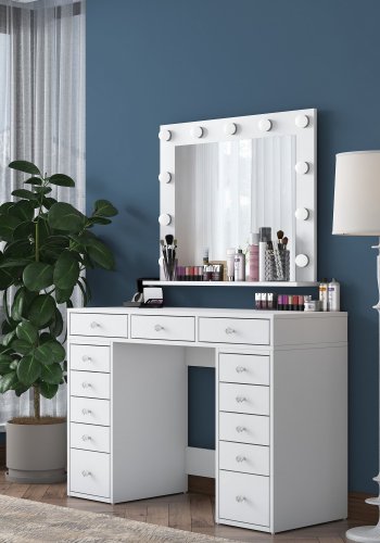 NORDVRK BJ119 sminkebord, med speil, lys, 13 skuffer - hvit melamin (120x44,5)
