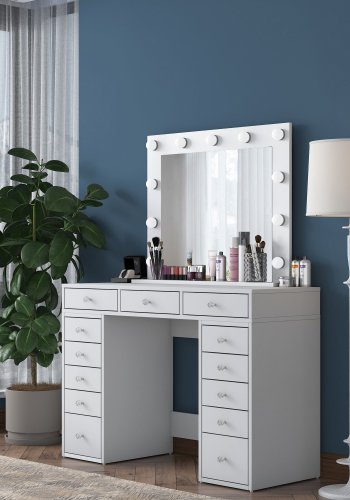 NORDVRK BJ119 sminkebord, med speil, lys, 13 skuffer - hvit melamin (120x44,5)