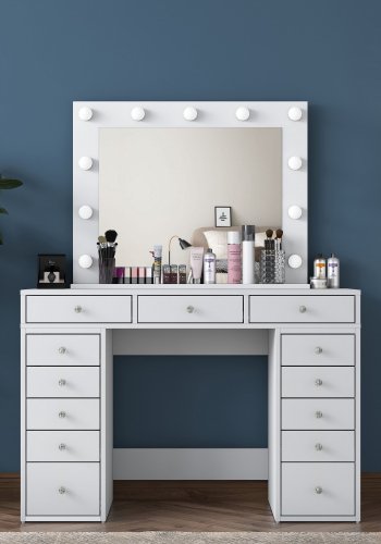 NORDVRK BJ119 sminkebord, med speil, lys, 13 skuffer - hvit melamin (120x44,5)