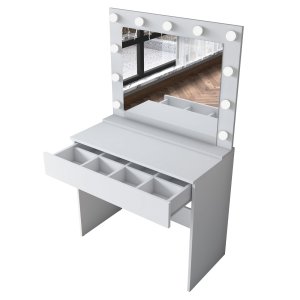 NORDVÄRK BJ120 2916 makeup bord, m. spejl, 11 lysprer og 1 skuffe - hvid melamin (90x45)