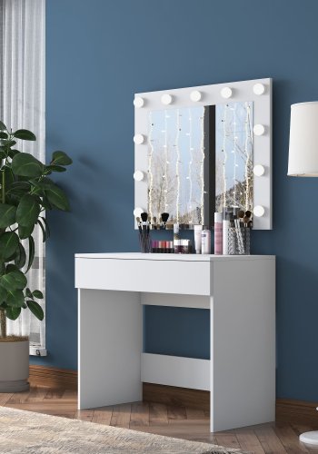 NORDVÄRK BJ120 2916 makeup bord, m. spejl, 11 lysprer og 1 skuffe - hvid melamin (90x45)