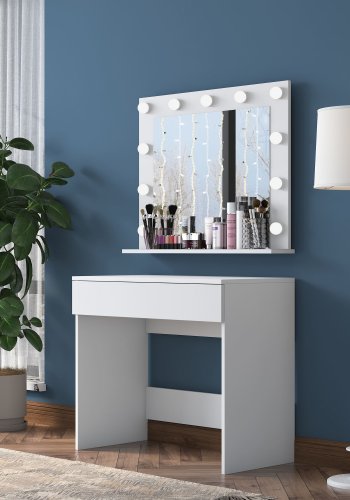 NORDVÄRK BJ120 2916 makeup bord, m. spejl, 11 lysprer og 1 skuffe - hvid melamin (90x45)