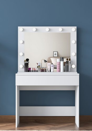 NORDVÄRK BJ120 2916 makeup bord, m. spejl, 11 lysprer og 1 skuffe - hvid melamin (90x45)