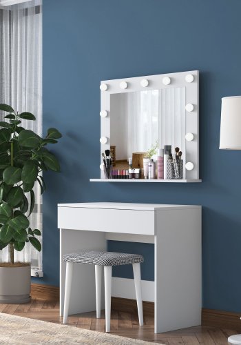 NORDVÄRK BJ121 2934 makeup bord, m. spejl, 11 lysprer, 1 skuffe og skammel - hvid melamin (90x45)